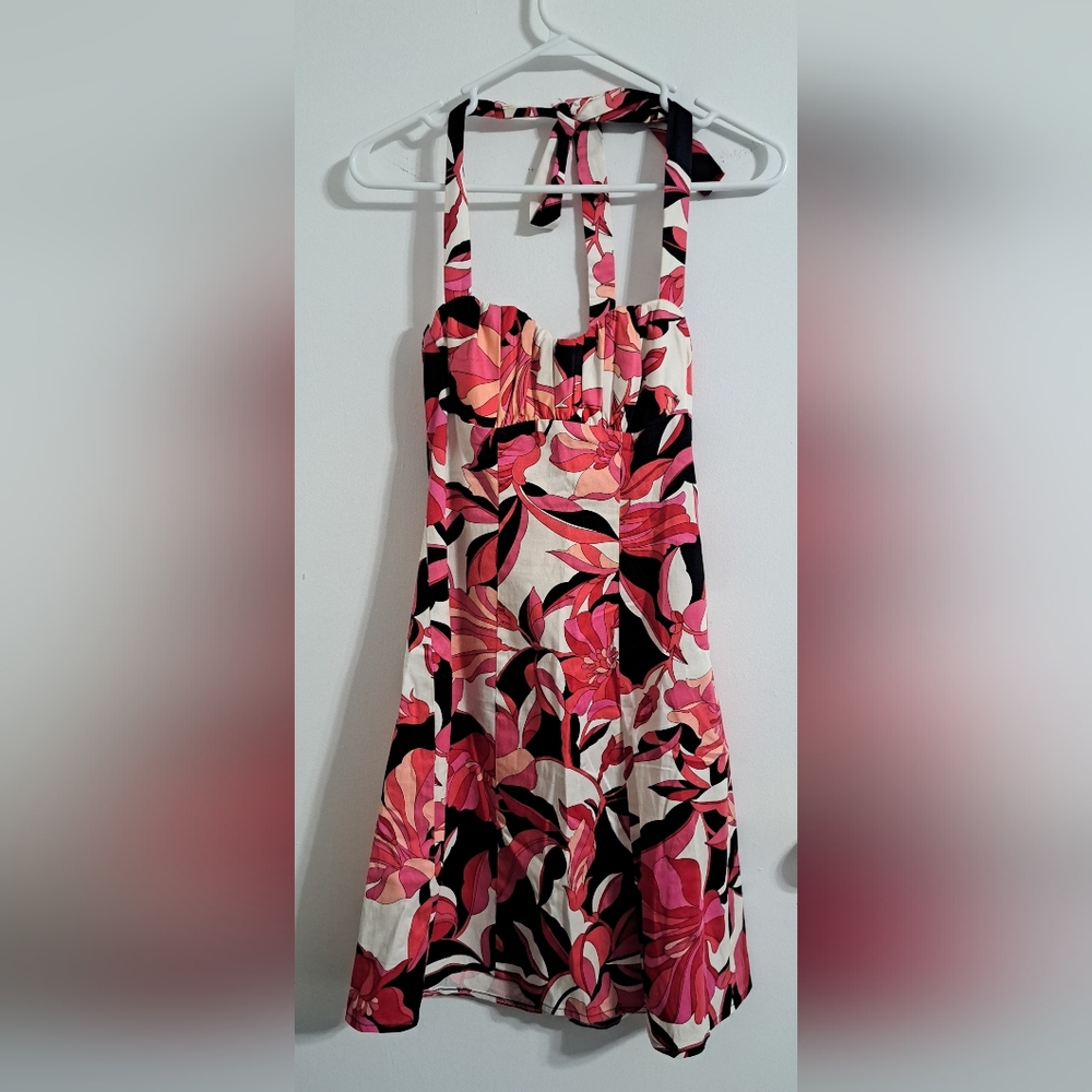 Cache Floral Pink Black & White Halter Dress Petite
